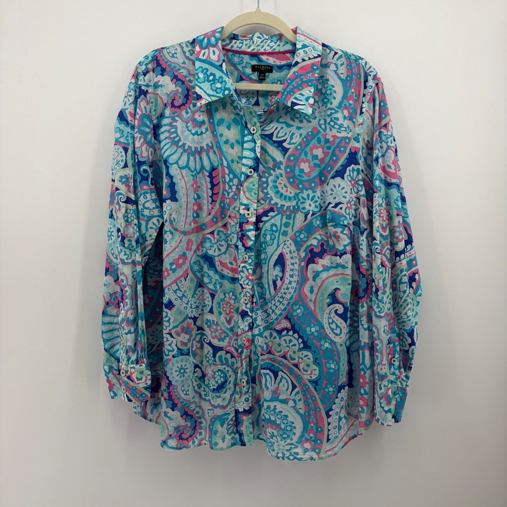 Talbots Womens 2X Blue Pink Paisley Button Down Shirt Cotton Long Sleeve Top